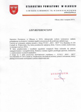 List referencyjny od Starostwa Powiatowego w Olkuszu